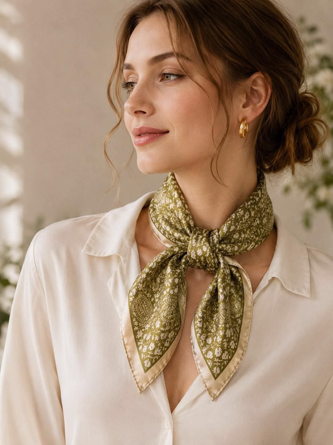 Șal amplu bej cu model paisley țesut, drapat pe un manechin